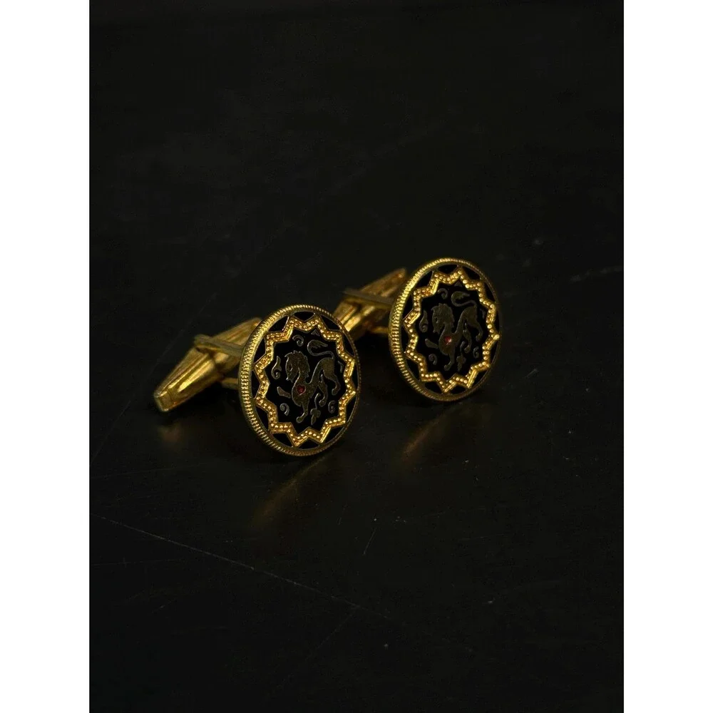 Vintage Spanish Gold Tone Lion Cufflinks Black Enamel Red Rhinestone